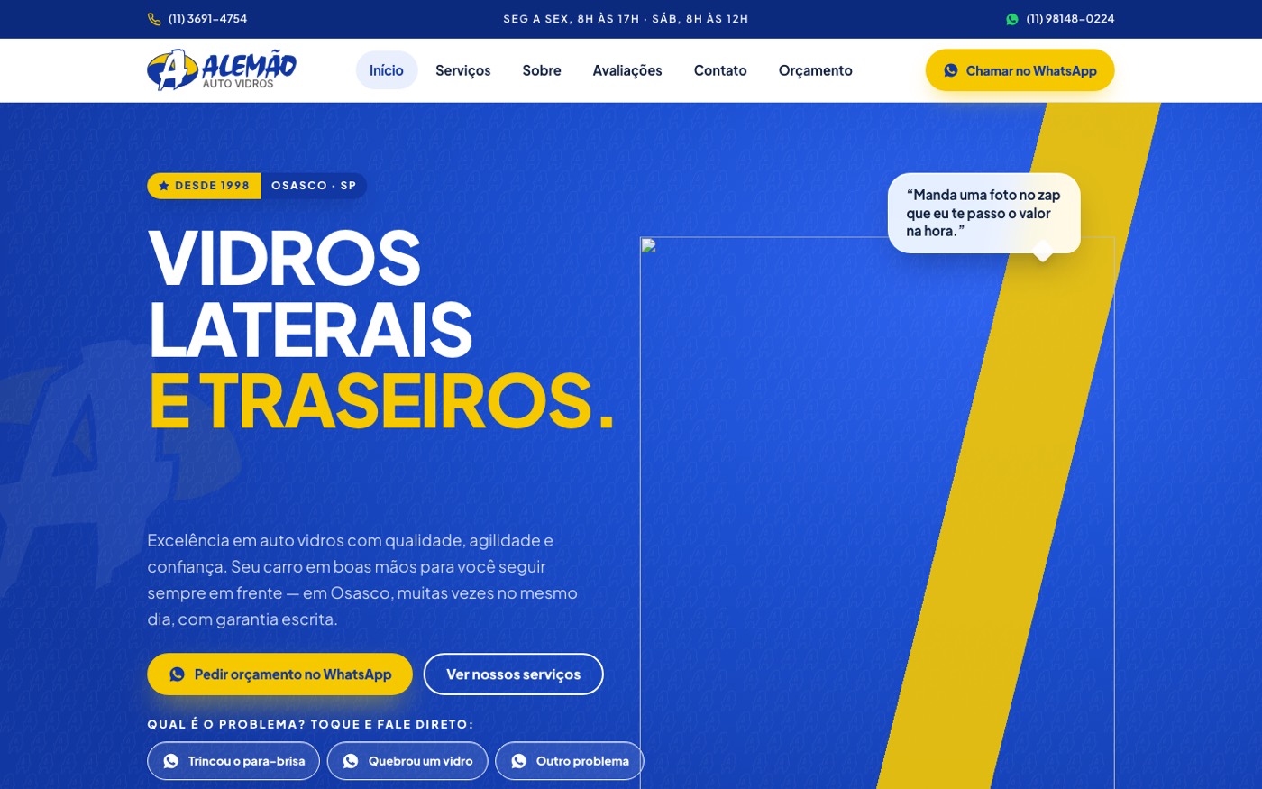 Alemão Auto Vidros — o site público do cliente, no domínio dele