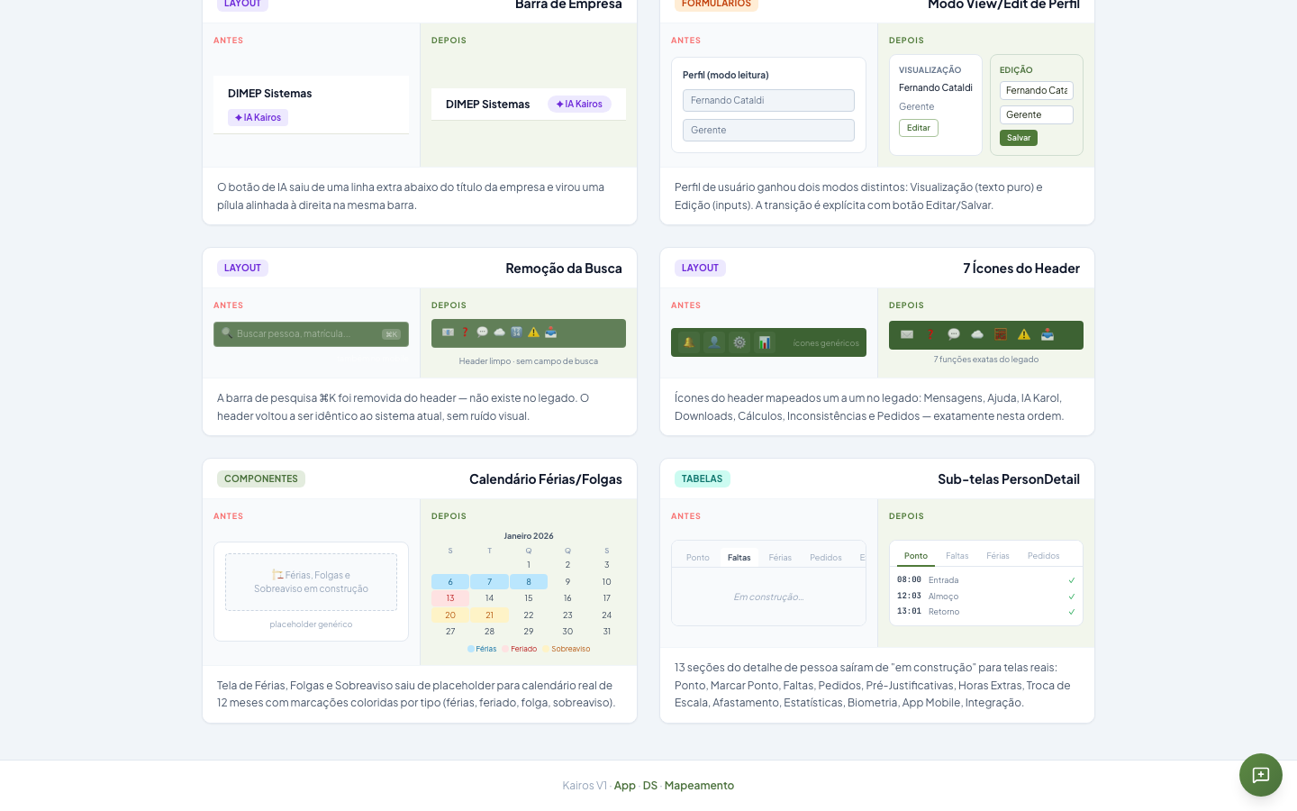 Kairos — calendário de férias e sub-telas PersonDetail