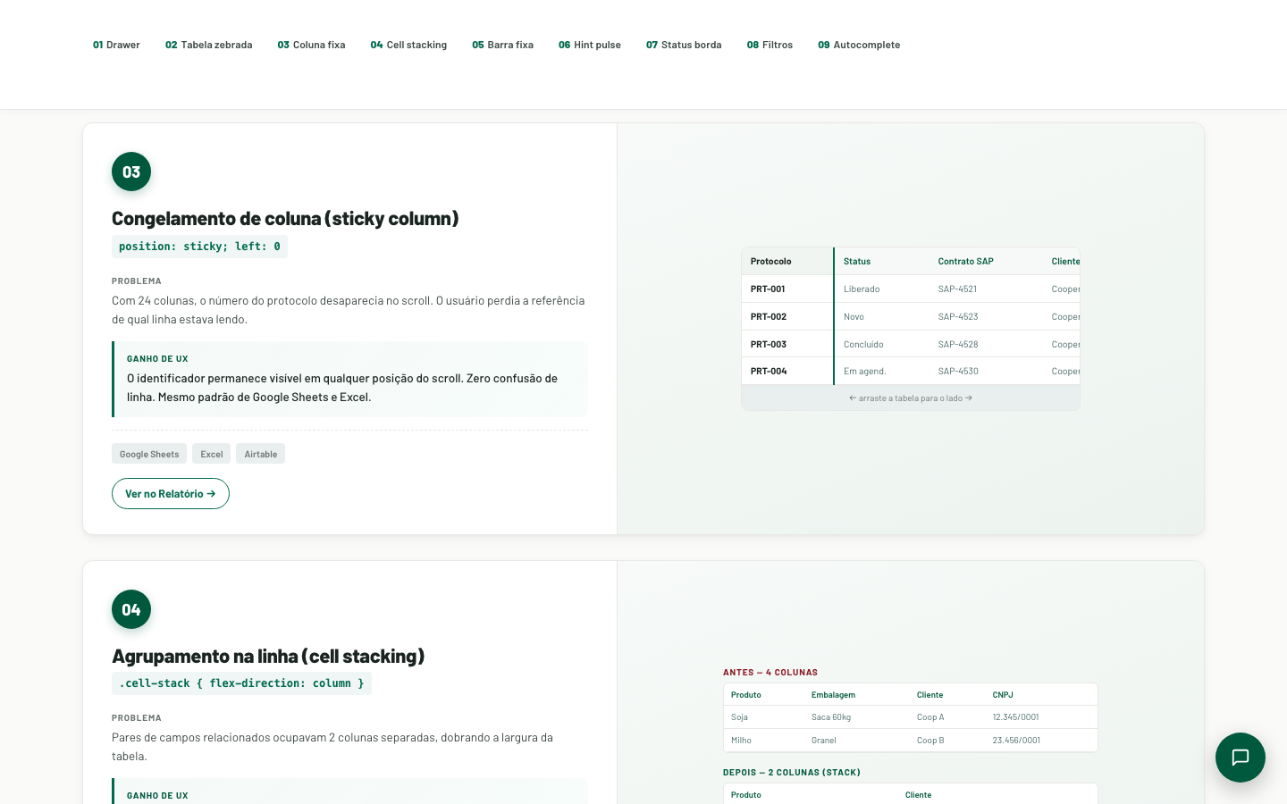 Mosaic Direct — congelamento de coluna e cell stacking