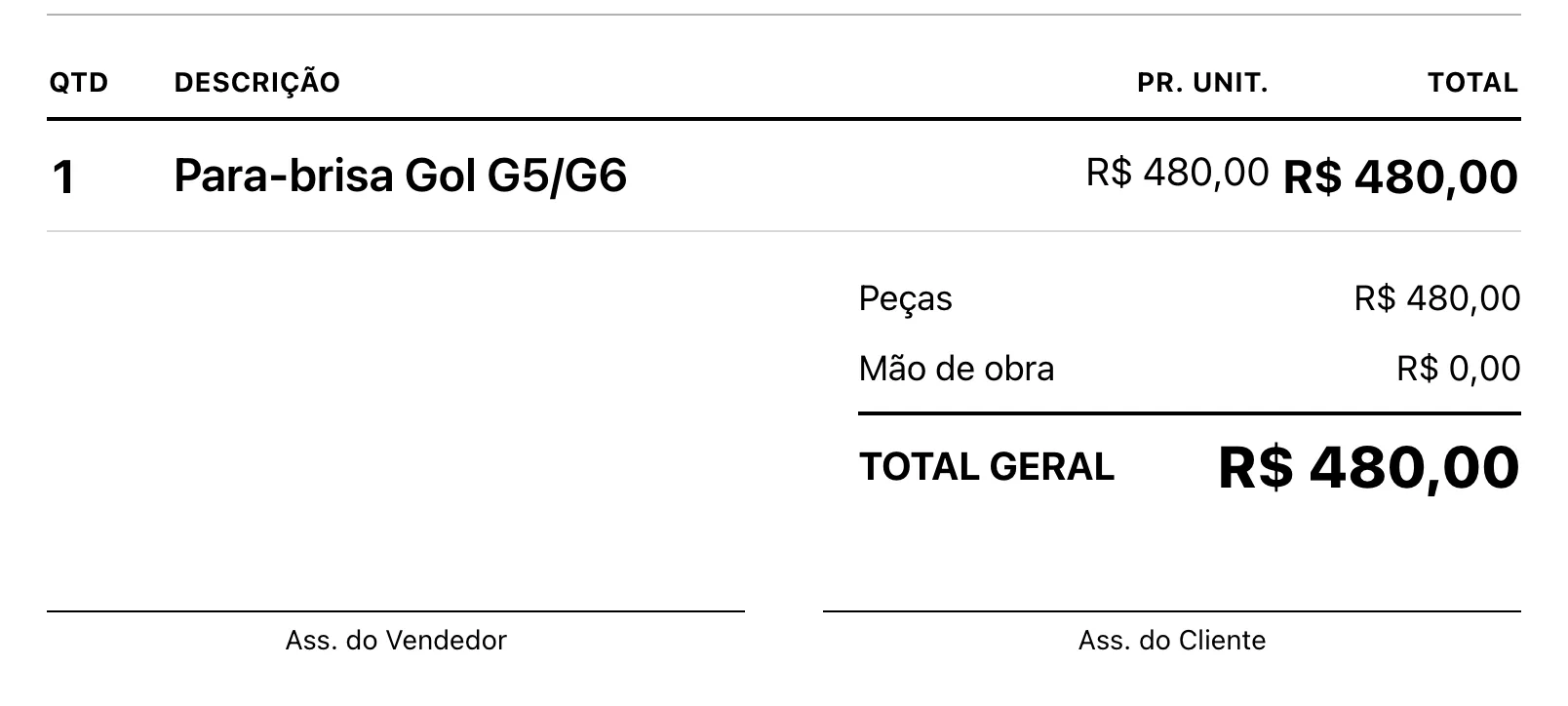 Itens, totais e assinaturas