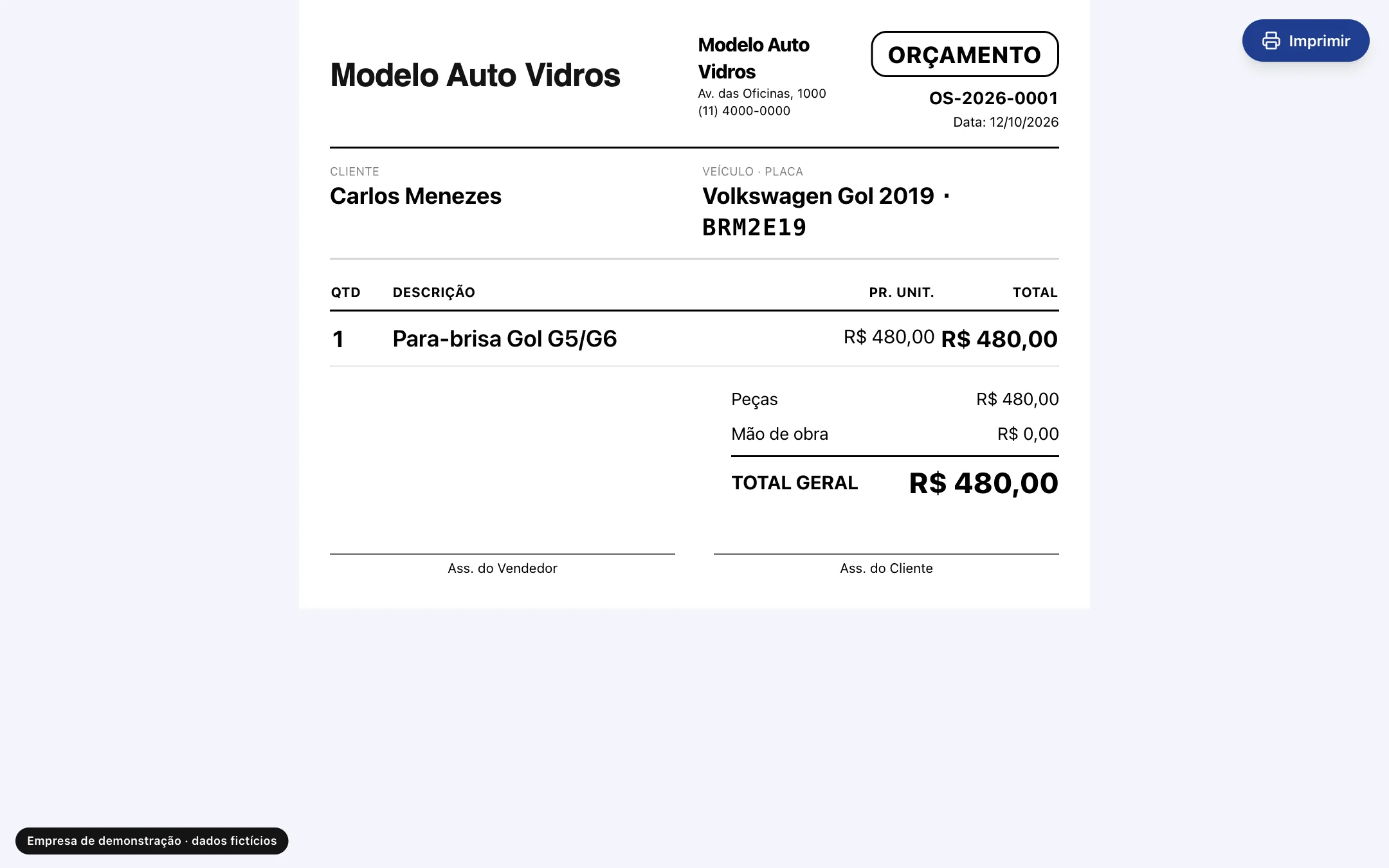 A ordem de serviço impressa em folha A4, com dados da loja, cliente, veículo, itens, totais e assinaturas